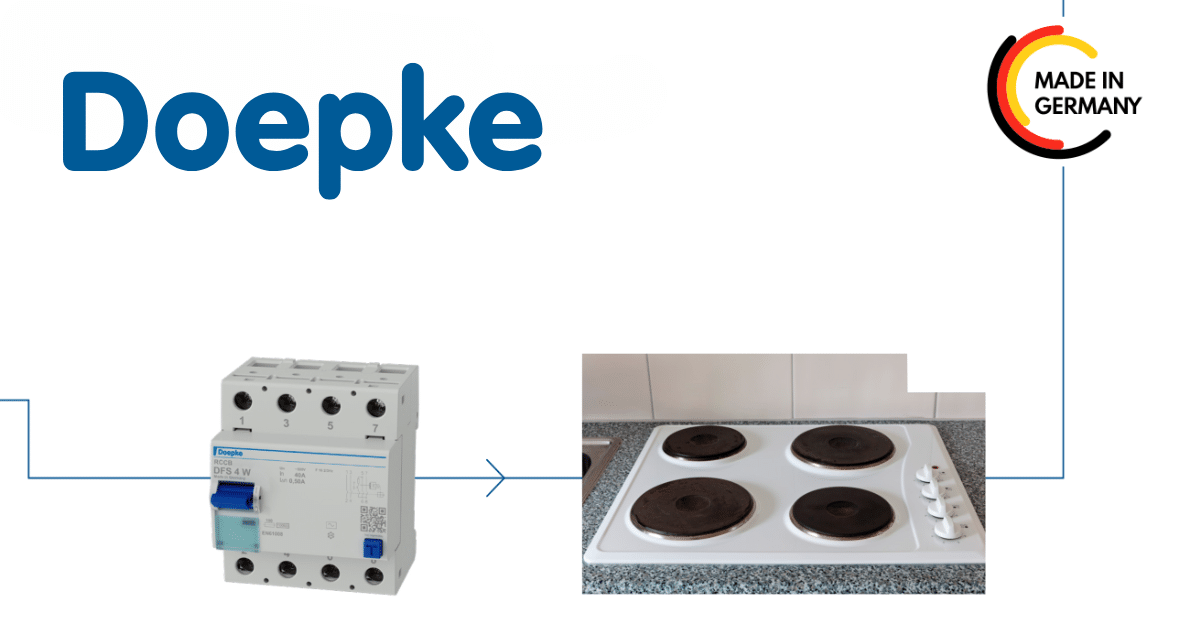Doepke DFS Type AC residual current circuit-breaker shown alongside a traditional electric hob, illustrating protection for classic AC electrical loads