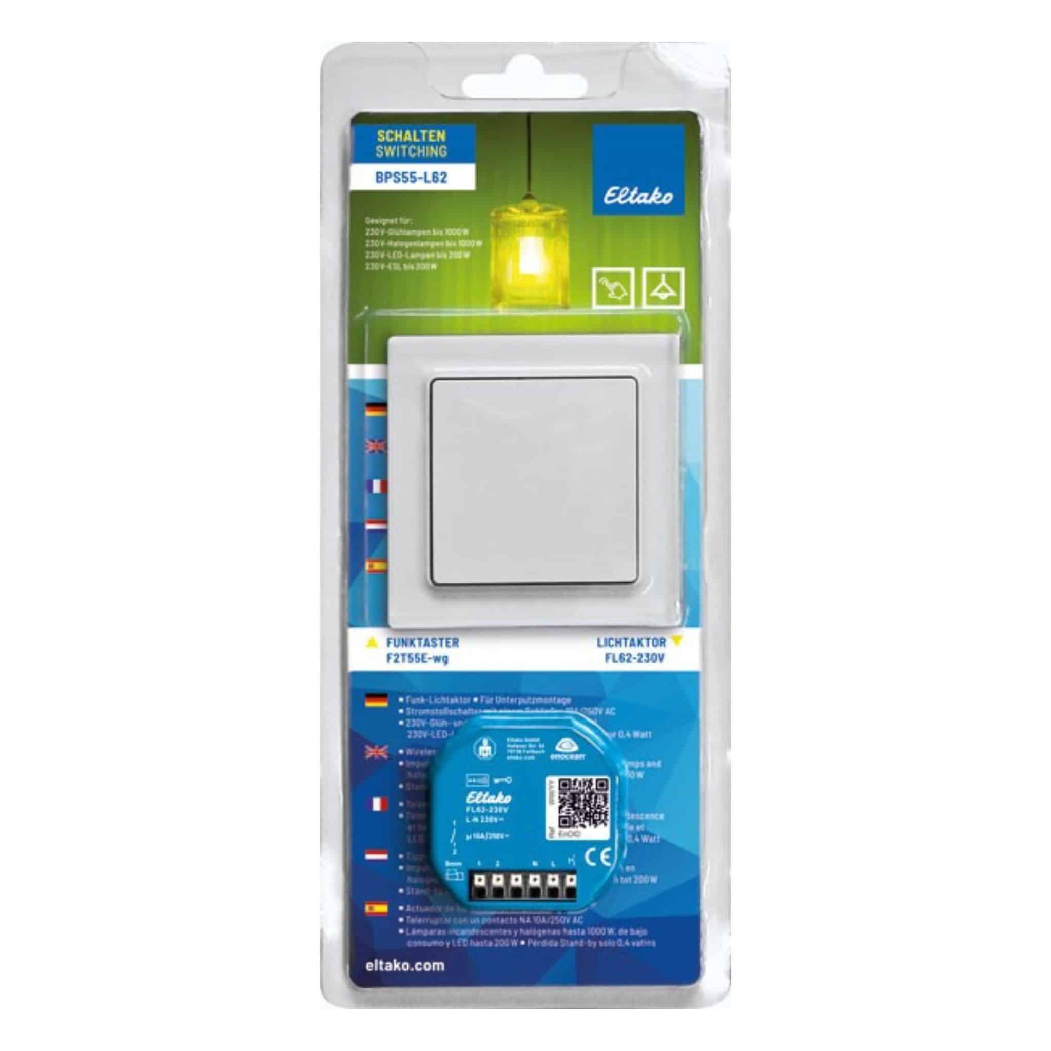 Blisterpack switching with wireless pushbutton F2T55E-wg and wireless light actuator FL62-230V.