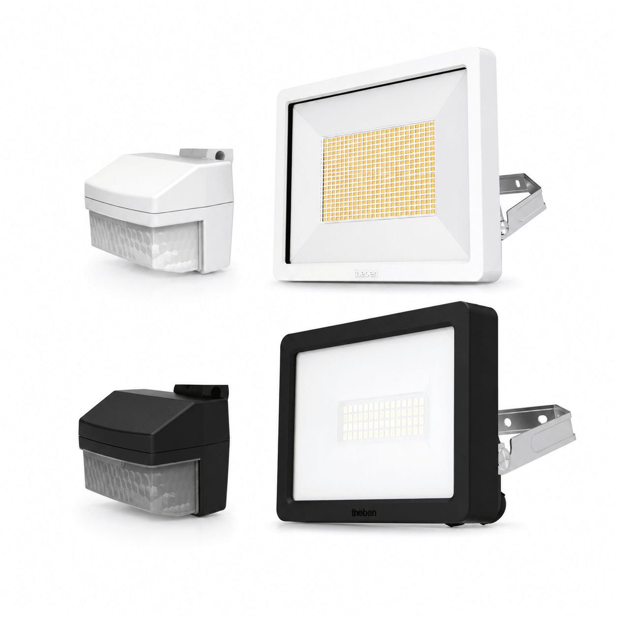 Theben LED flood lights with compatible motion sensors in black and white finishes for outdoor security and energy-efficient lighting applications.